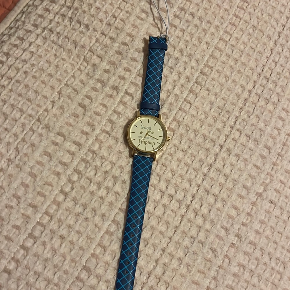 Ladies wristwatch, blue geometric band with inspirational words on face